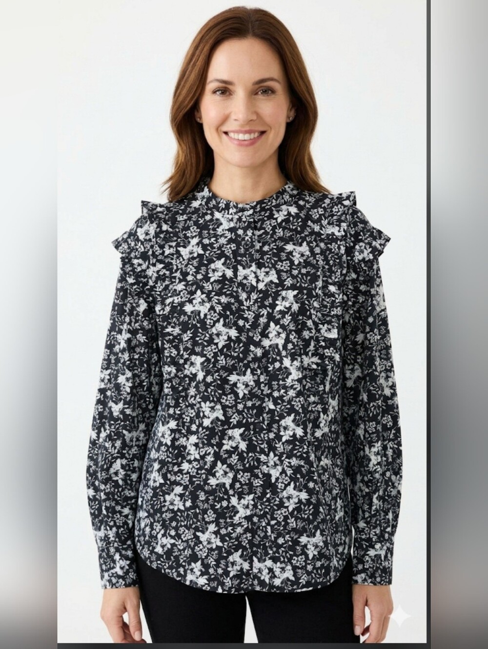ERDEM × Universal Black and White/ Baby Blue Floral Ruffle-Shoulder Blouse,SizeM